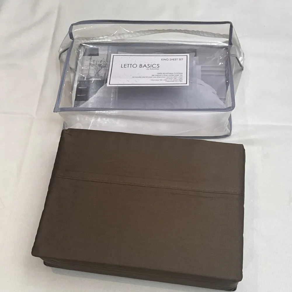 NIP Letto Basics Kassatex King Sheet Set 100% Egyptian Cotton Sateen Brown RARE